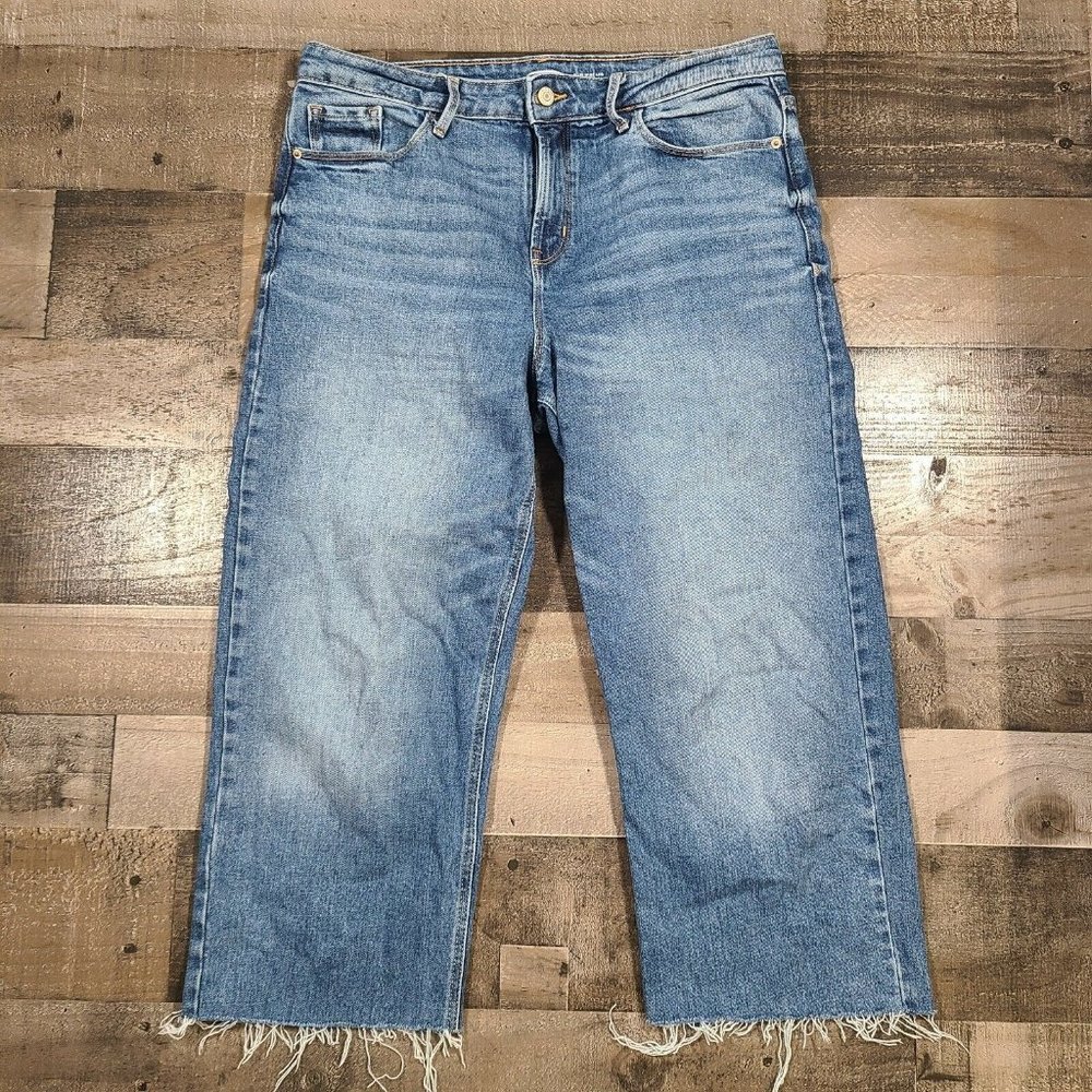 Old Navy Wide-Leg Jeans Women 10 Tall High Rise Crop Slim Stone Wash Blue Denim